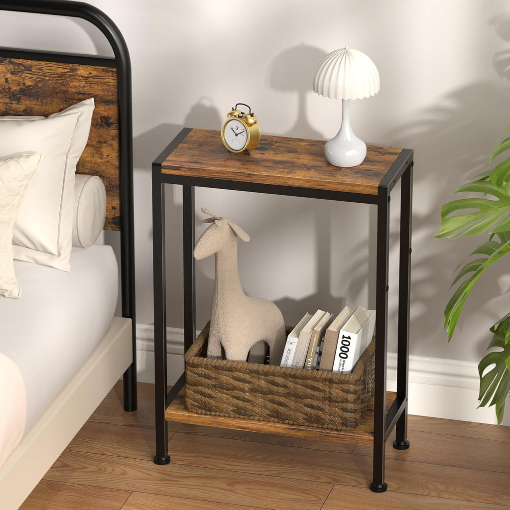 Narrow Side Table for Small Space, 2-Tier Slim End Table, Thin Nightstand, Skinny Snack Couch Table, Sofa Bedside Table in Living Room, Bedroom, Study, Kitchen and Balcony (Rustic Brown)