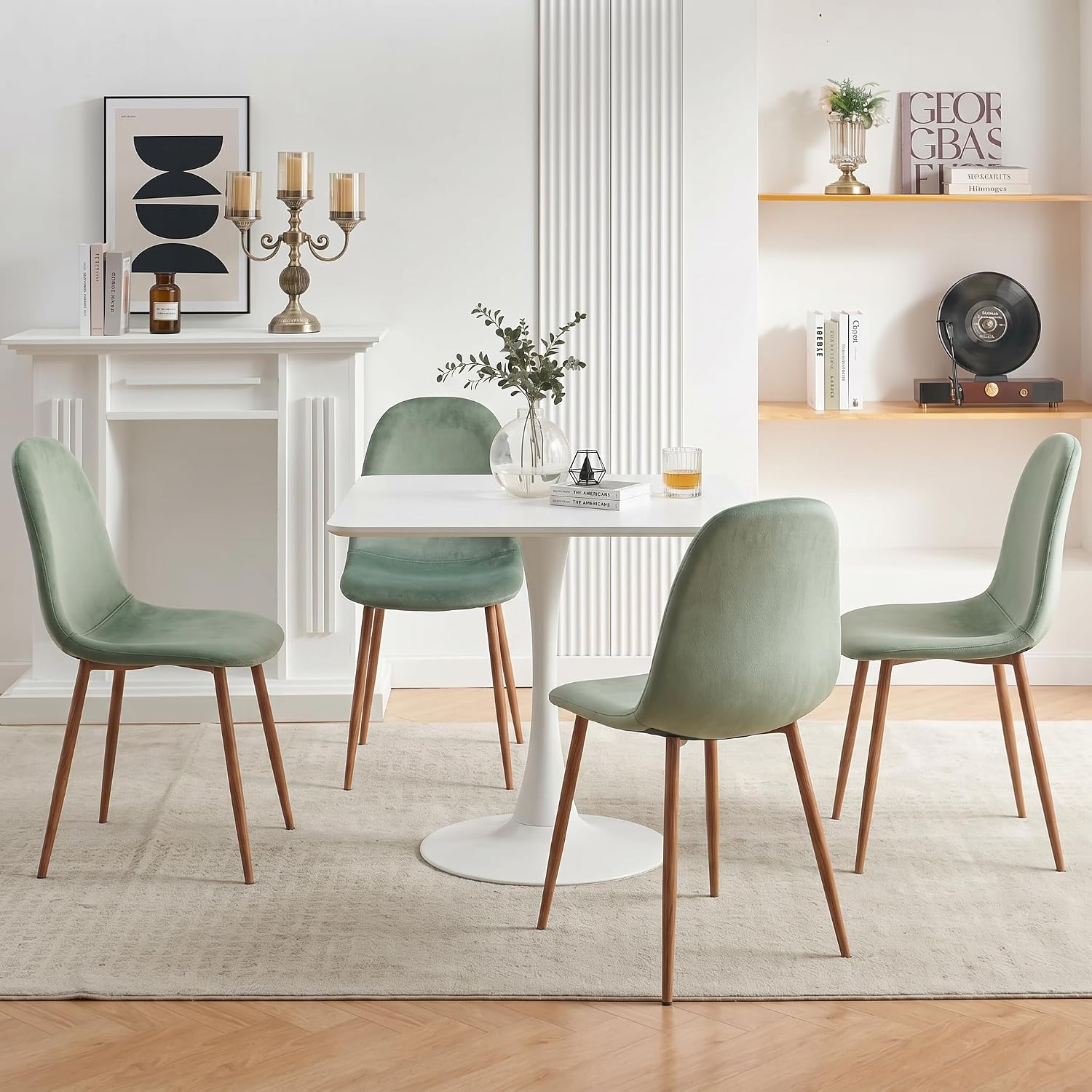 Howtek Dining Chairs Set of 4, Mid Century Modern Green Velvet Upholstered Kitchen Chairs with Backrest & Metal Legs for Living Room, Dining Room, Vanity