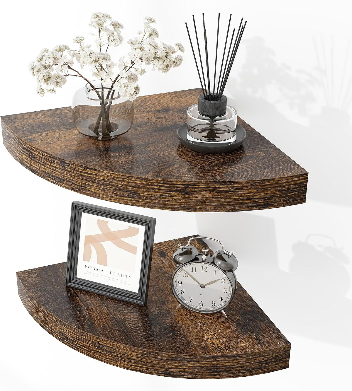 Fun Memories Floating Corner Shelves Set of 2 - Rustic Wood Wall Mounted Storage and Display Shelves for Living Room, Bedroom, Kitchen, Bathroom - Space Saving Home Decor, Brown