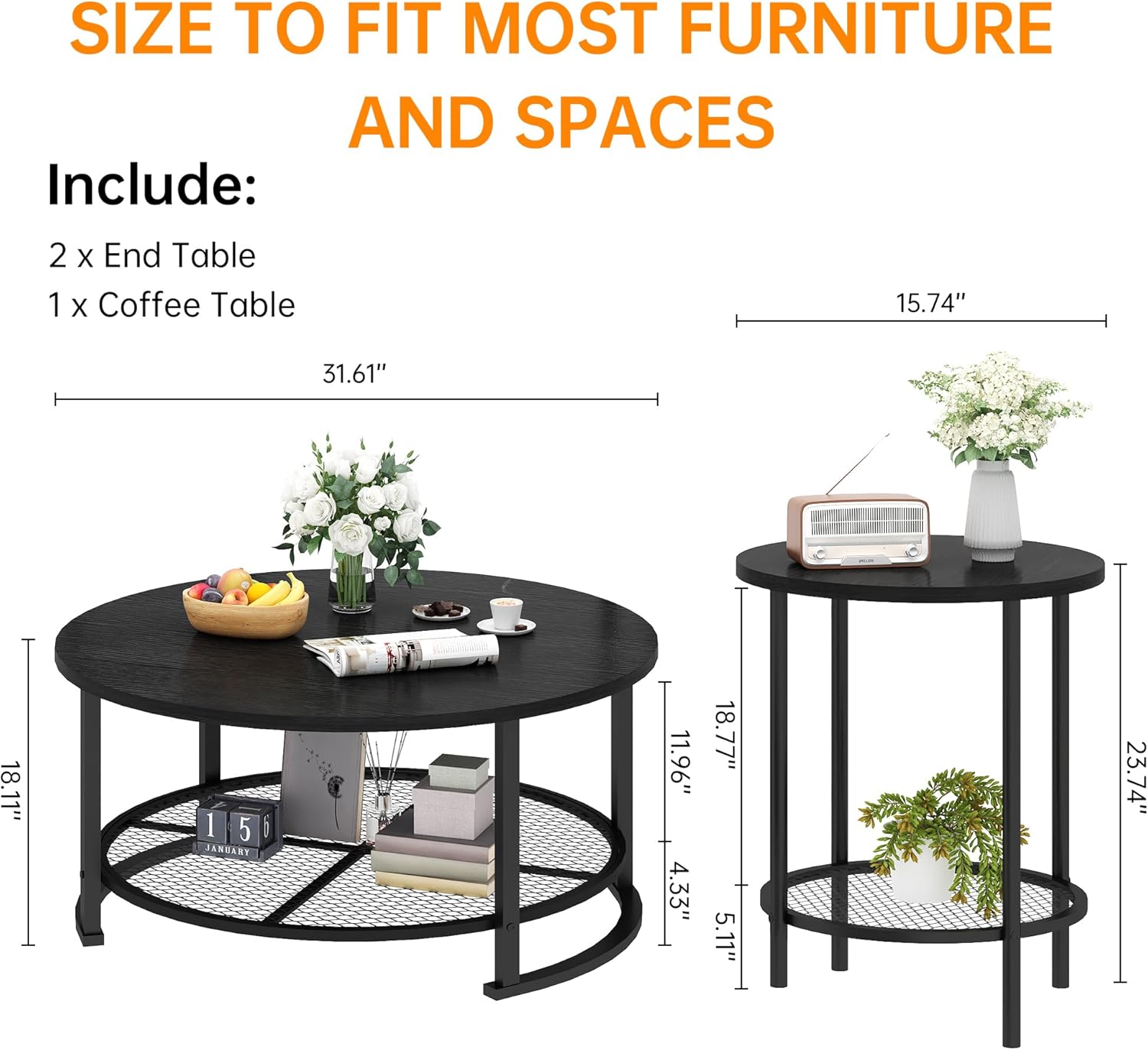 DKLGG 3-Piece Coffee Table and End Table Sets for Living Room, Round Coffee Table Set of 3 with Storage, Modern Farmhouse Rustic Living Room Table Set for Apartment Home Office, Black