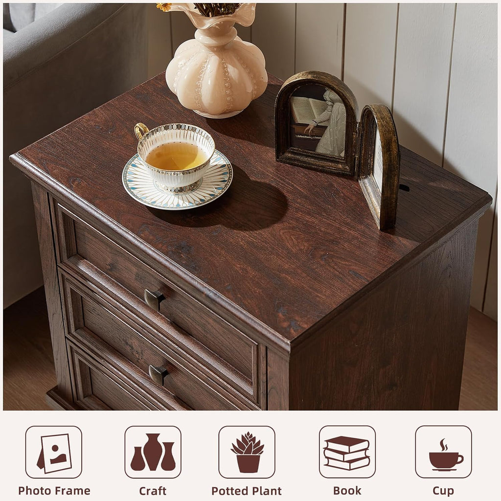 SAVOR LIFE 3-Drawer Nightstand Set of 2 with Solid Wood Legs,Walnut | Pair of three-drawer bedside tables with sturdy square wood legs for matching bedroom storage or living-room end tables
