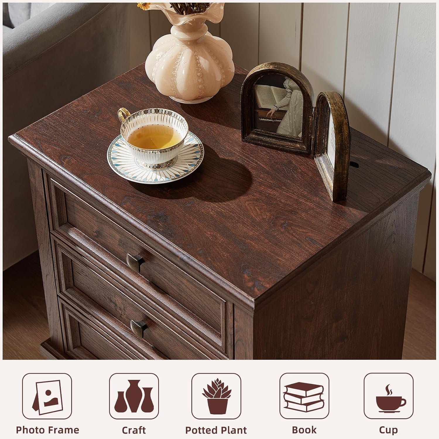 SAVOR LIFE 3-Drawer Nightstand Set of 2 with Solid Wood Legs,Walnut | Pair of three-drawer bedside tables with sturdy square wood legs for matching bedroom storage or living-room end tables