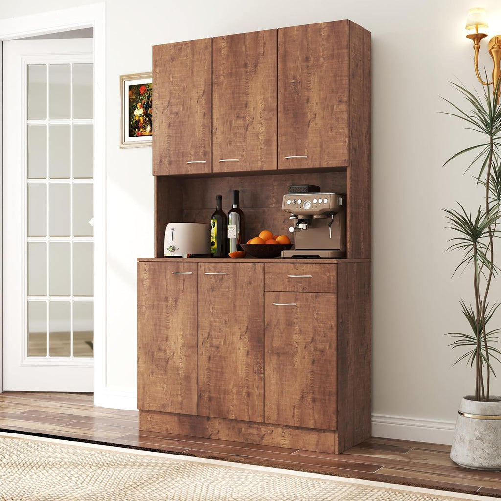 Ball & Cast 71" Pantry Cabinet,Tall Kitchen Pantry Storage Cabinet with Microwave Stand, Modern Kitchen Hutch Cabinet with 6 Doors,1 Drawer & Open Shelves for Living Room,Dining Room,Walnut