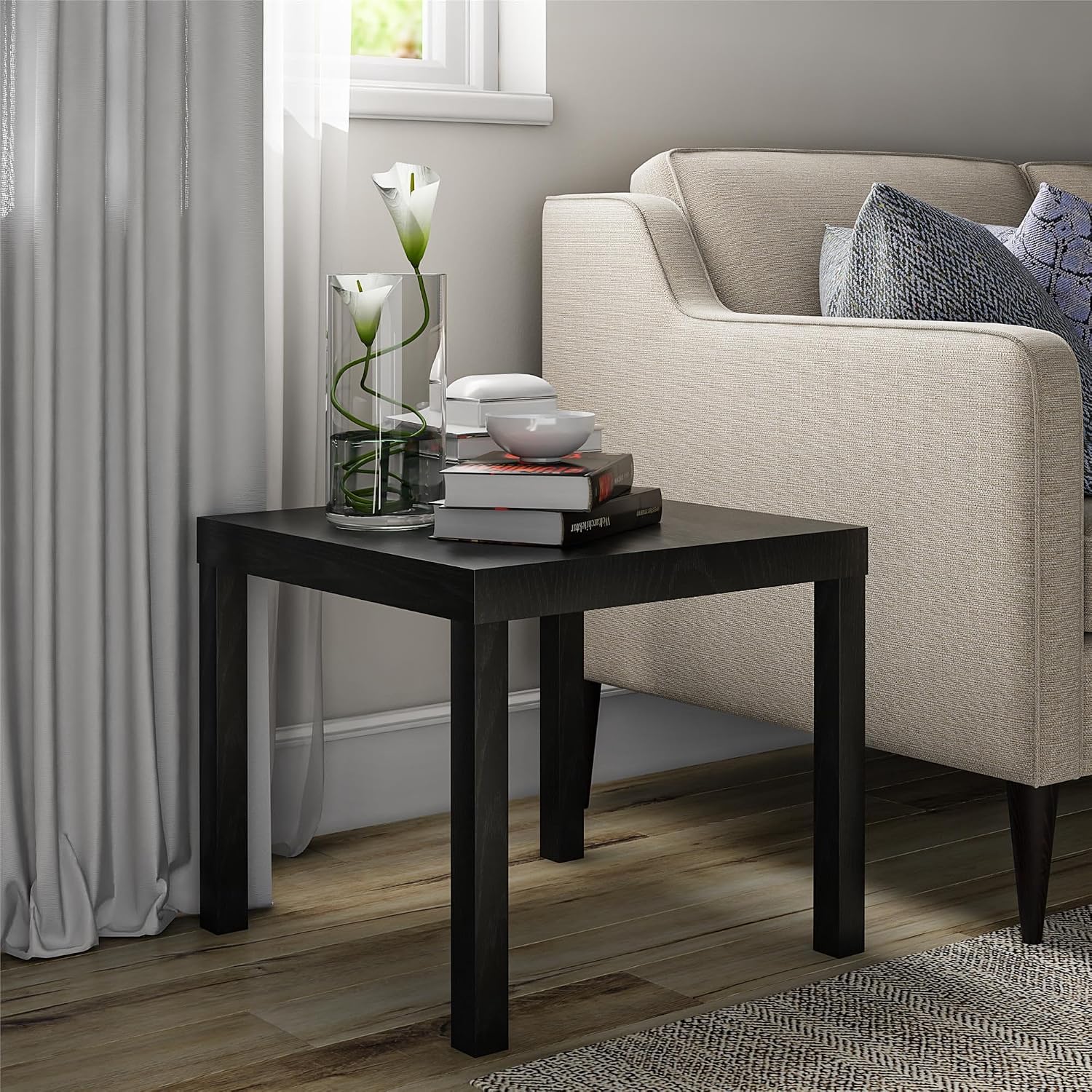 Oak Finish End Table – Sturdy, Water-Resistant, Minimalist, Easy Assembly for Small Spaces, 20” W x 20” D x 17.5” H (Black Oak)