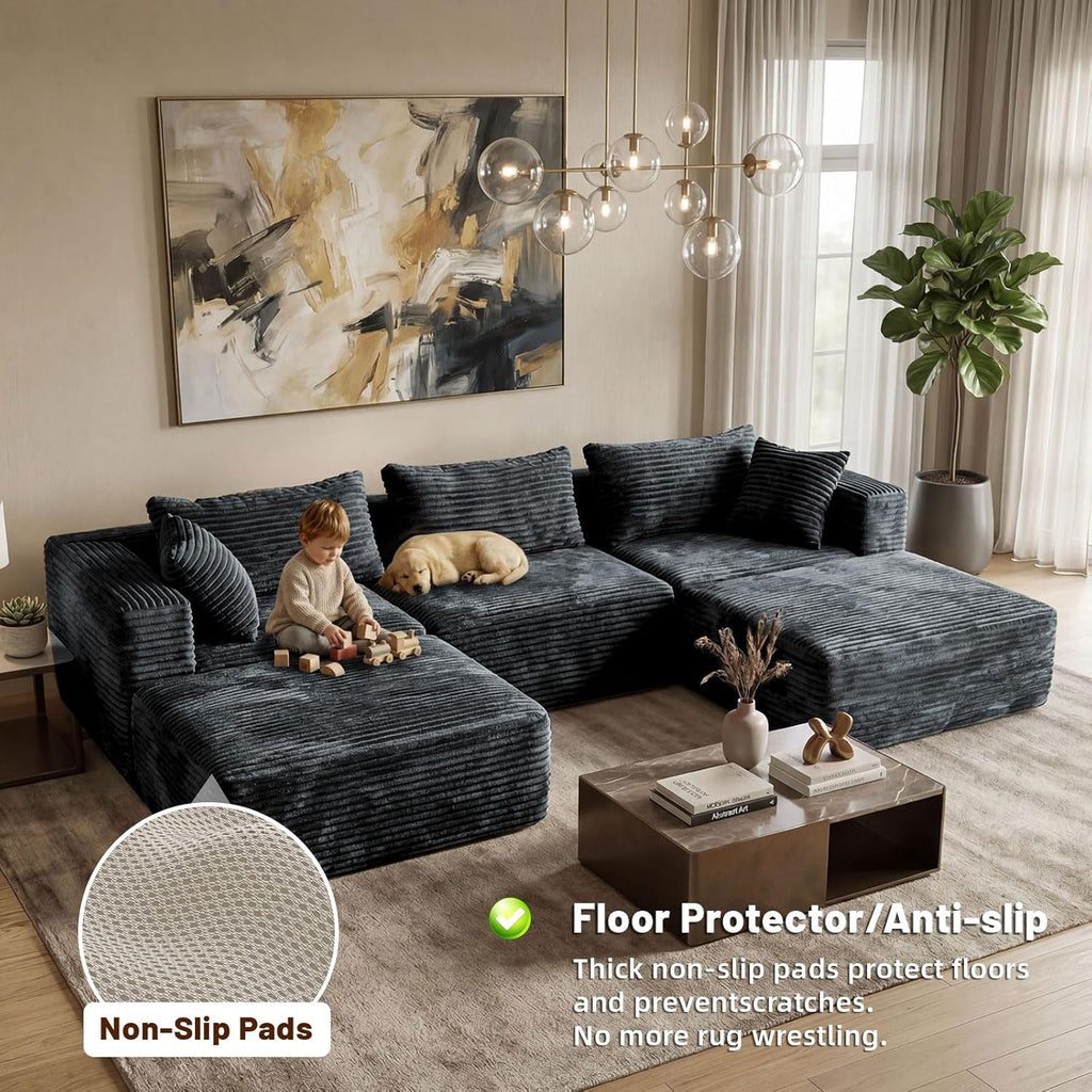 110 Modular Sectional Sofa with 2 Ottomans, Corduroy U-Shaped Modular Sectional Sofa, Convertible Cloud Couch with Deep Seats, No Assembly Required (Grey, 110" 3Seat+2 0ttoman)