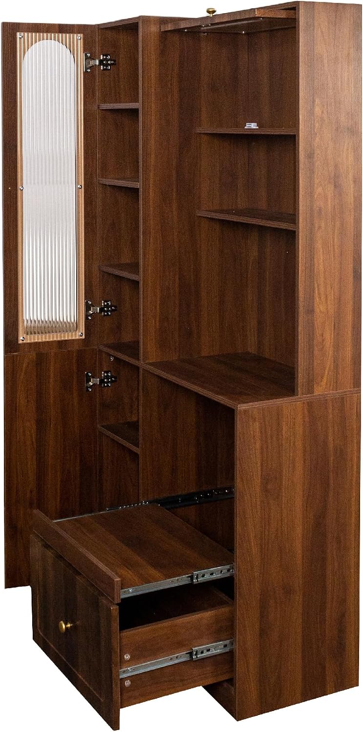 KEIKI 70.87" H Tall Kitchen Pantry Storage Cabinet with Countertop, Glass Doors, Drawers, Microwave Stand & Pull-Out Shelf, Freestanding Wood Hutch Food Pantries Cupboard for Coffee Bar, Dining Room