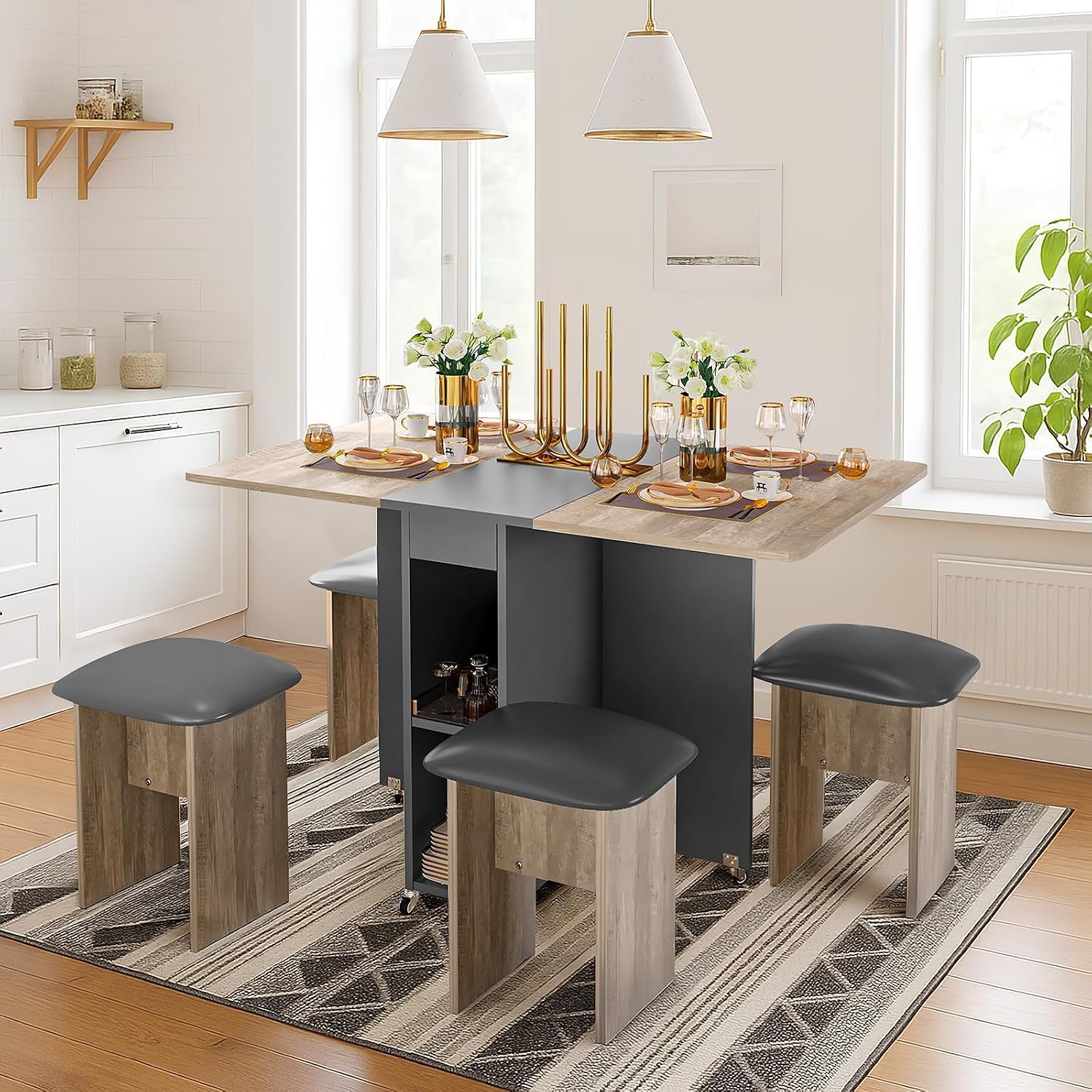 furlinkhm Folding Dining Table Set for 4, Dinner Table with 4 Leather Chairs and Shelves, Space Saving Foldable Dining Table with 6 Wheels, Kitchen Table for Small Spaces (Grey)