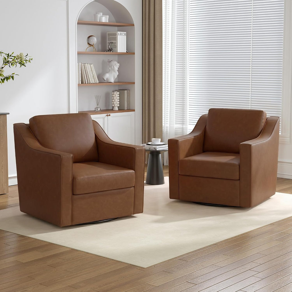 Faux Leather Swivel Accent Barrel Chairs Set of 2, Coffee