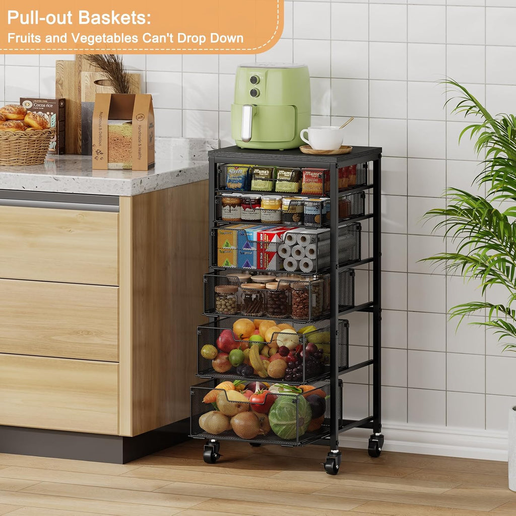 6-Tier Kitchen Storage Cart -Fruit Vegetable Storage Cart with Drawers, Wooden Top Metal Wire Kitchen Organizer and Storage Cart with Wheels to Storage Onions Potatoes Cans Snacks for Kitchen