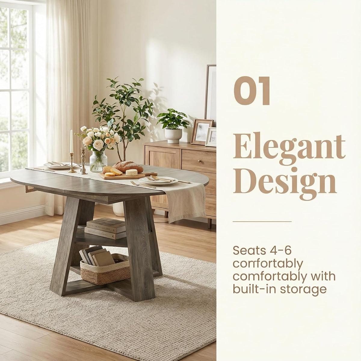 Round Extendable Dining Table Set for 6, 43"-59" Rustic Grey Expandable Kitchen Table with 6 Blue Velvet Tufted Chairs, Farmhouse Wooden Extendable Dining Room Table Set for Small Space Apartment