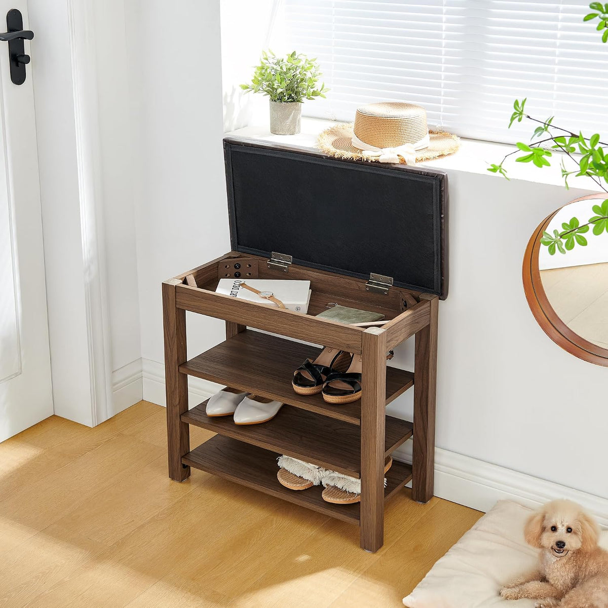 Shoe Storage Bench for Entryway, 24" Lift Top Storage Bench with PU Leather Cushion, 3-Tier Adjustable Shoe Rack Organizer, 400 lb Wood Hallway Benches for Mudroom, Bedroom, Brown