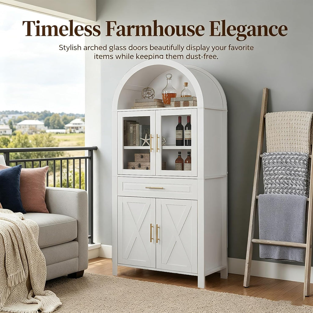 71" Tall Arched Kitchen Pantry Cabinet with Glass Doors - Farmhouse Storage Cabinet with Adjustable Shelves & Barn Door Design - Freestanding Cupboard for Kitchen, Dining & Living Room (White)
