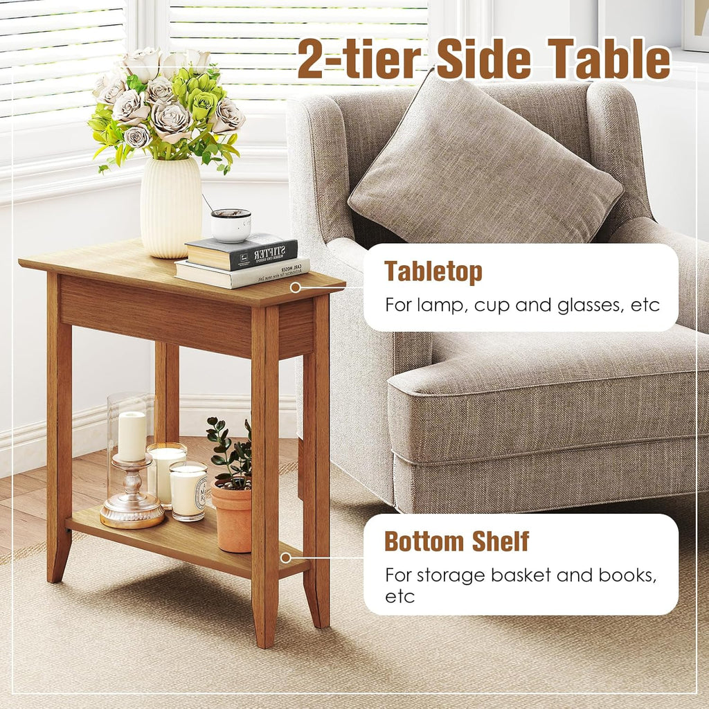 Giantex Wedge End Table, Triangle Side Table with Storage Shelf and Solid Wood Legs, 24.5" Tall Nightstand, Modern Narrow Accent Recliner Table for Small Space Living Room, Walnut