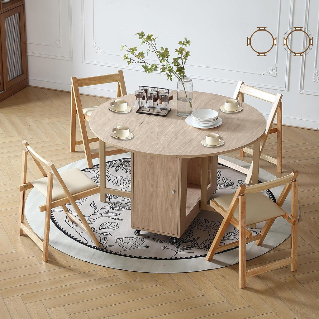 COMUHOME Wood Round Folding Dining Table with 2 Chairs, 47.3" Folding Table and Chairs with Storage Shelf Metal Legs for Home Dining Room Living Room, Space Saving Foldable Dining Table with 2 Chairs