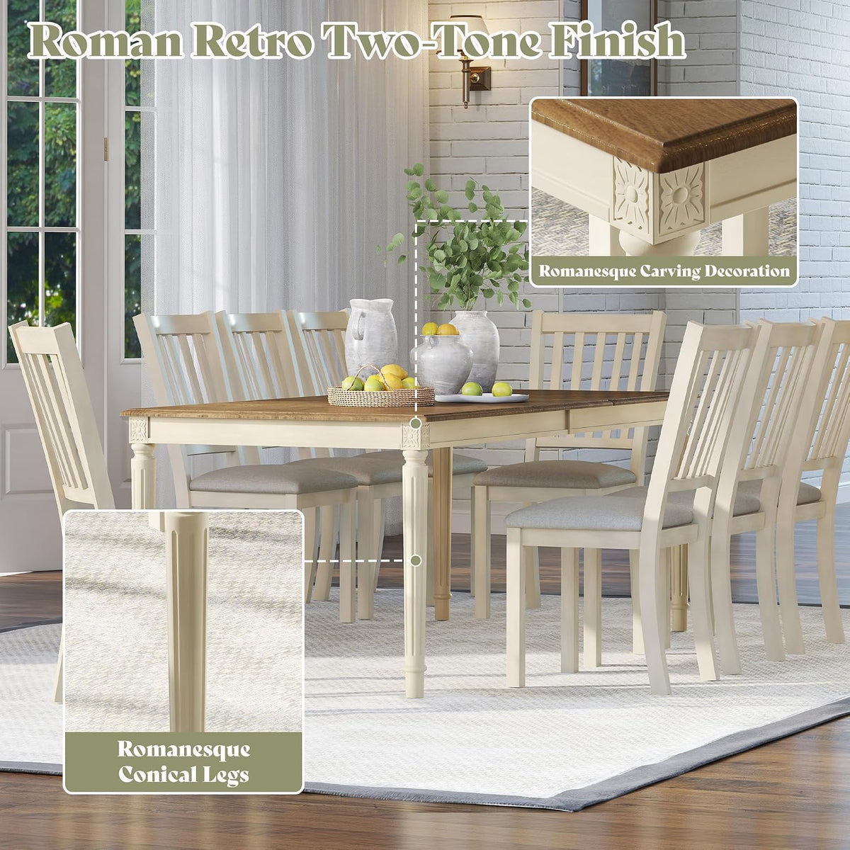 AMERLIFE 79 Inch Farmhouse Dining Table for 6 to 8, Large Rectangular Solid Wood Kitchen Dining Table with Roman Conical Legs, Rustic Dining Room Table for Family Gatherings, Rustic Cream