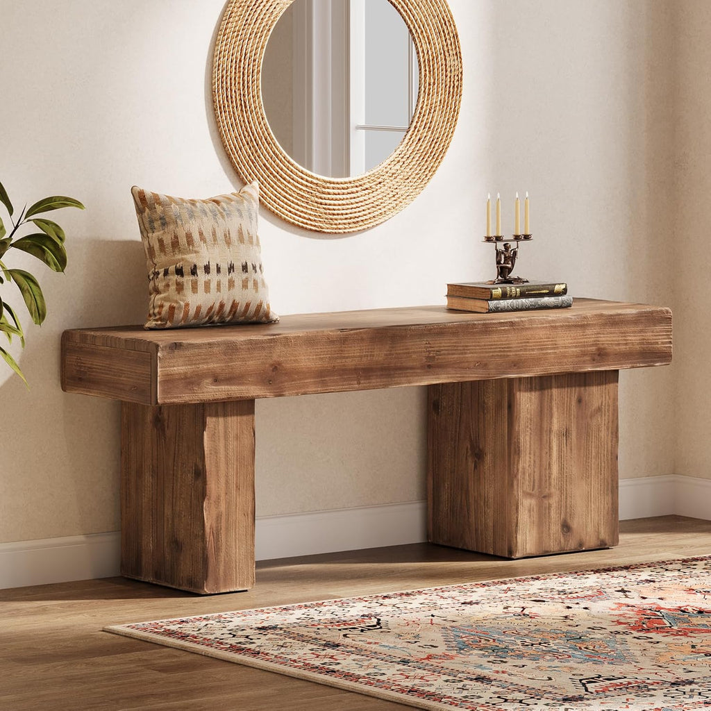 Solid Wood Bench, 47” Farmhouse Entryway Bench with Thickened Seat & Artistic Legs, Heavy Duty Indoor Bench for Bedroom, Hallway, Living Room, Indoor, Porch, Natural