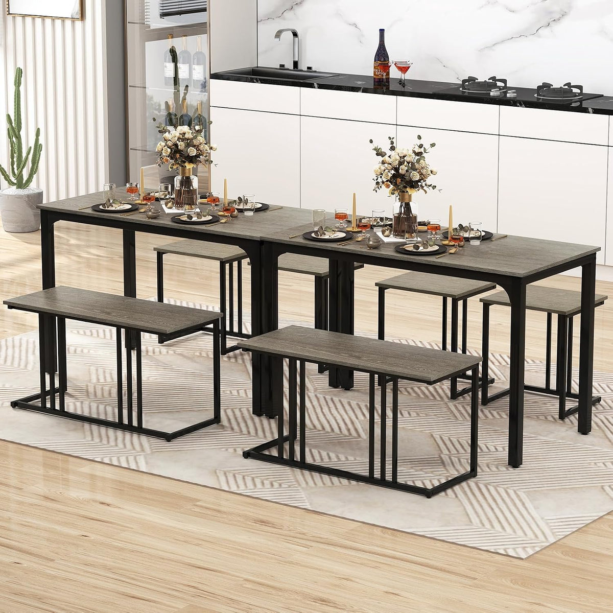 Giantex 4-Piece Dining Table Set for 4, Modern Kitchen Table and Chairs, Nesting Furniture Set with Bench & 2 Stools, Space-Saving Desk Set, Dinette Set for Small Place, Dining Room Restaurant (Grey)