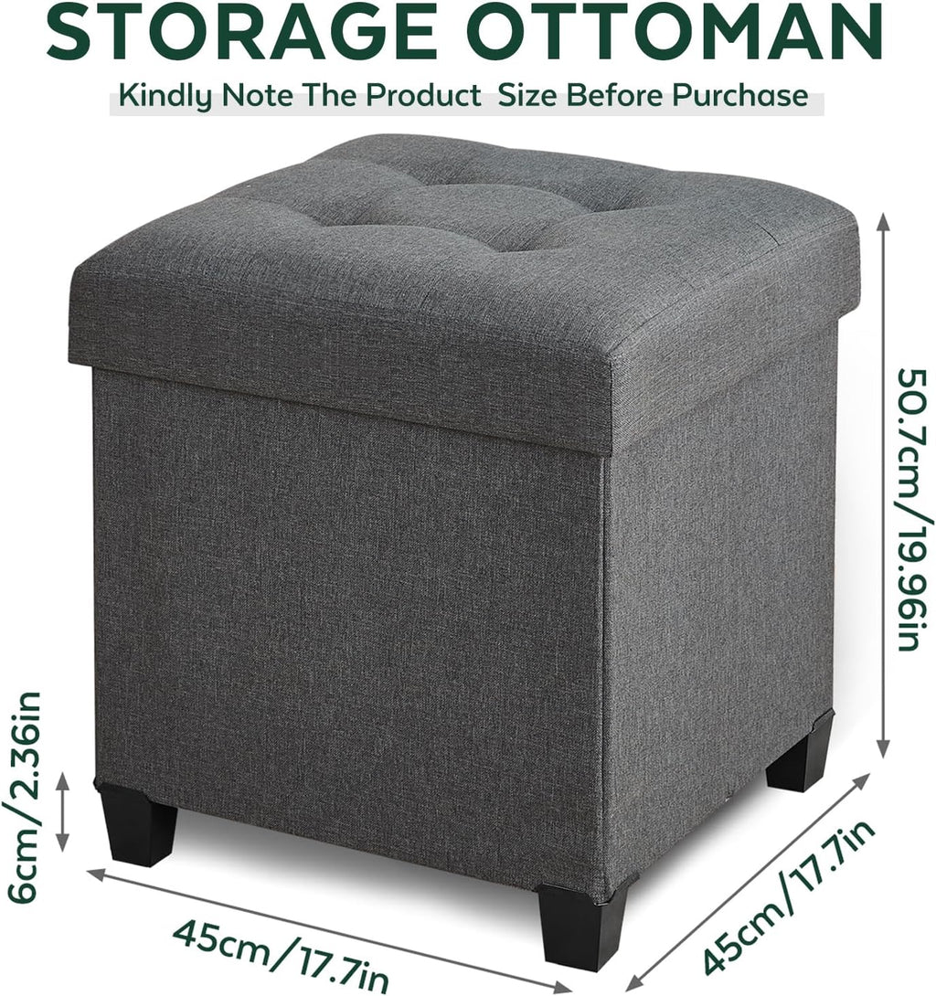 Ottoman with Storage, Square Storage Ottoman for Dorm, Linen Ottomans with Legs for Living Room, Bedroom, 17.7" D x 17.7" W x 19.9" H, Grey