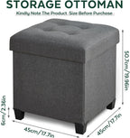 Ottoman with Storage, Square Storage Ottoman for Dorm, Linen Ottomans with Legs for Living Room, Bedroom, 17.7" D x 17.7" W x 19.9" H, Grey