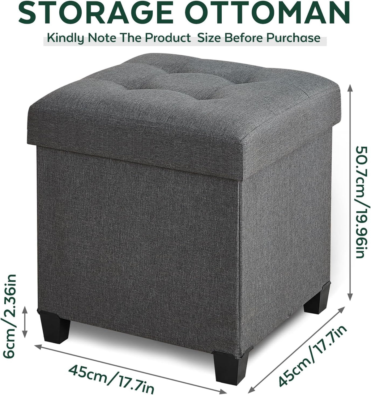 Ottoman with Storage, Square Storage Ottoman for Dorm, Linen Ottomans with Legs for Living Room, Bedroom, 17.7" D x 17.7" W x 19.9" H, Grey