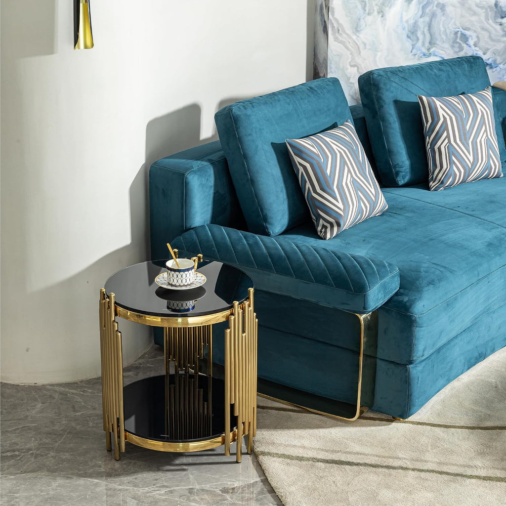 Luxury Gold Round Glass End Table, 17.7" Modern Side Table with Stainless Steel Irregular Leg Black Tempered Glass Tabletop, Accent Furniture for Living Room, Black