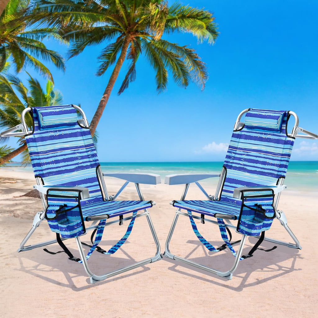 GVDV 2 Pack Backpack Beach Chairs for Adults, 14" Mid-Height Foldable Chair with Lay Flat Position, 4-Position Adjustable Reclining, Towel Bar, Zipper Pouch & Cup Holder, Blue Ocean