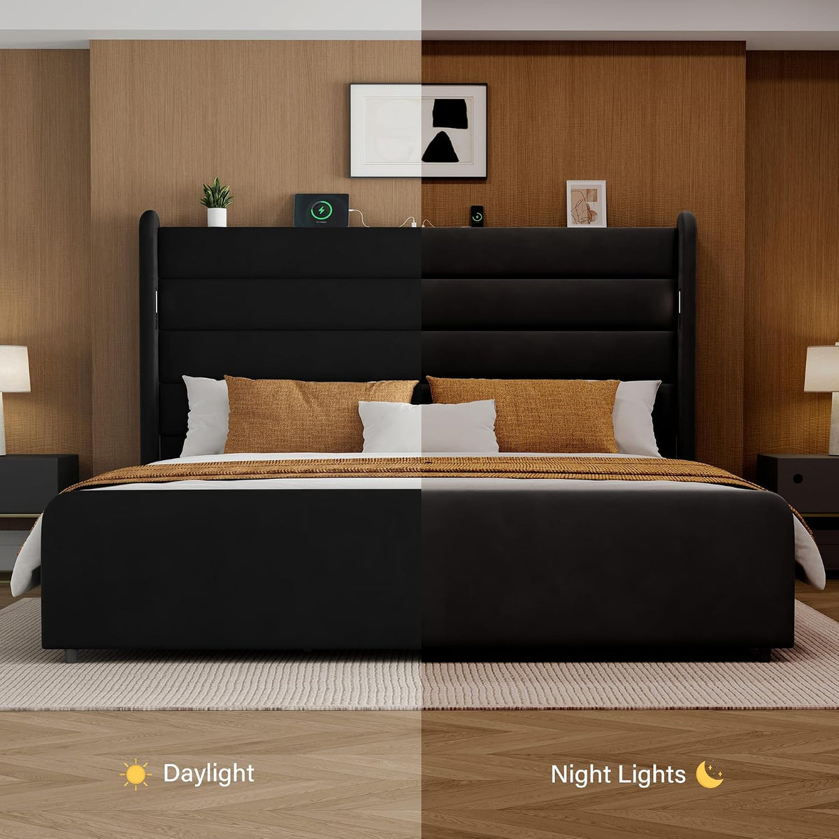 Queen Size Bed Frame with 59'' Tall Headboard with Readlight, Black