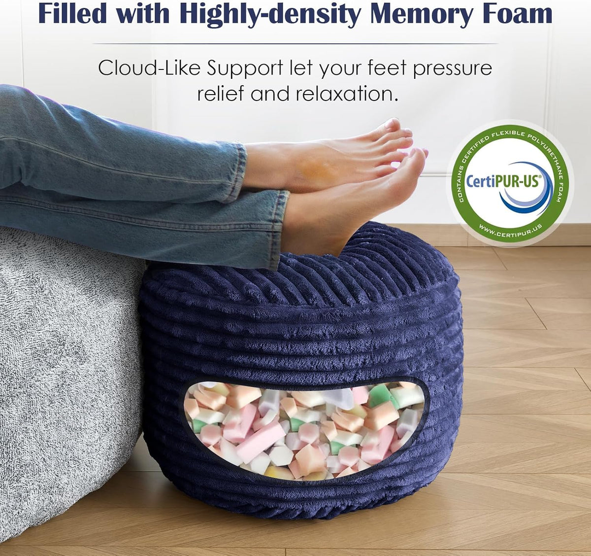 SHOUREN Stuffed Round Ottoman,Pouf Ottoman Foot Rest,20 X 15 in,Navy | Corduroy Cover,Memory Foam Filler,Pouf Storage Ottoman Footstool for Living Room,20 X 15 Floor Poufs for Couch,Footrest Only