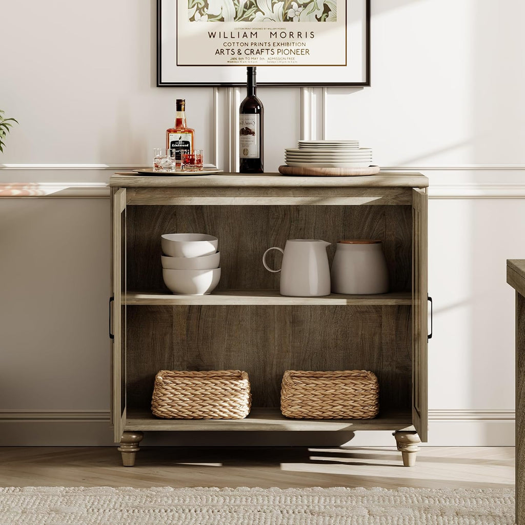 WAMAPT Farmhouse Sideboard Credenza with 6 Glass Doors, Large Coffee Bar Table with Adjustable Shelf, Wood Kitchen Storage Cabinets, Modern Buffet Cabinet for Dining Room, Grey, 101"