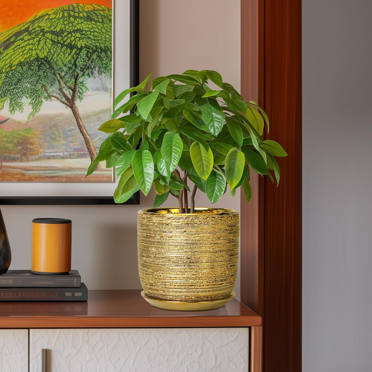 8 Inch Plant Pot - Ceramic Planter with Drainage Hole and Saucer, Modern Round Planter for Indoor Flowers, Gifts for Plant Lovers, Home House Office Room Decor, Gold