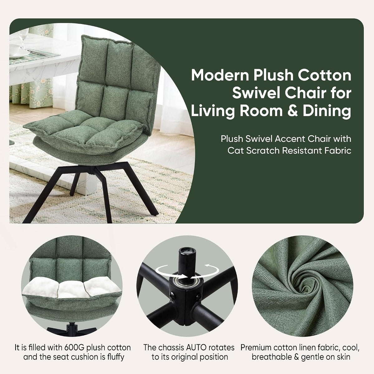 Swivel Dining Chairs Set of 6, Mid-Century Modern Chairs with Linen Fabric, High Back with High-Density Stuffed PP Cotton & Automatic Swivel Metal Legs, Suitable for Kitchen & Living Room(Green)