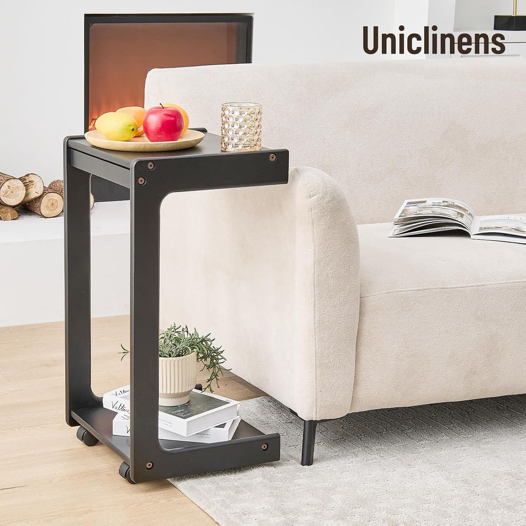 Uniclinens Rolling Side Table for Sofa - C Shape Couch End Table with Wheels, Mobile Wooden Slim Sofa Tray, Movable Small Couch Desk for Living Room Bedroom, Black