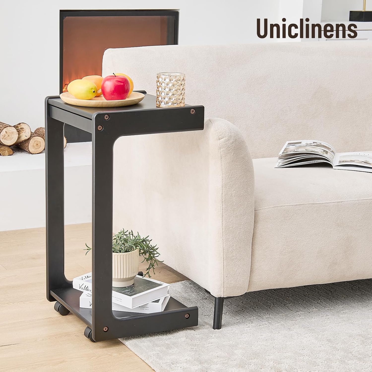 Uniclinens Rolling Side Table for Sofa - C Shape Couch End Table with Wheels, Mobile Wooden Slim Sofa Tray, Movable Small Couch Desk for Living Room Bedroom, Black