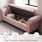 GNIXUU Ottoman with Storage Bench for Bedroom, 63" Velvet Upholstered End of Bed Storage Bench Seat, Rolled Arm Cushioned Ottoman with Wood Legs, Modern Window Chair for Living Room, Entryway, Pink