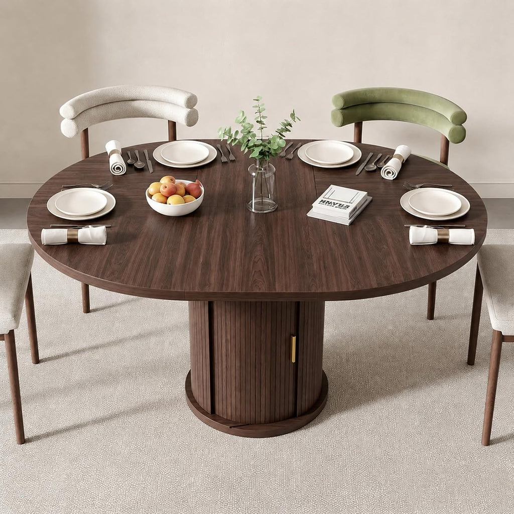 47 63" Extendable Round Wooden Dining Kitchen Table | 4-8 Seat Height Adjustable Shelf,23.6" Dust-Proof Storage Sturdy Pedestal Base,1.2" MDF Tabletop, Apartment,Natural