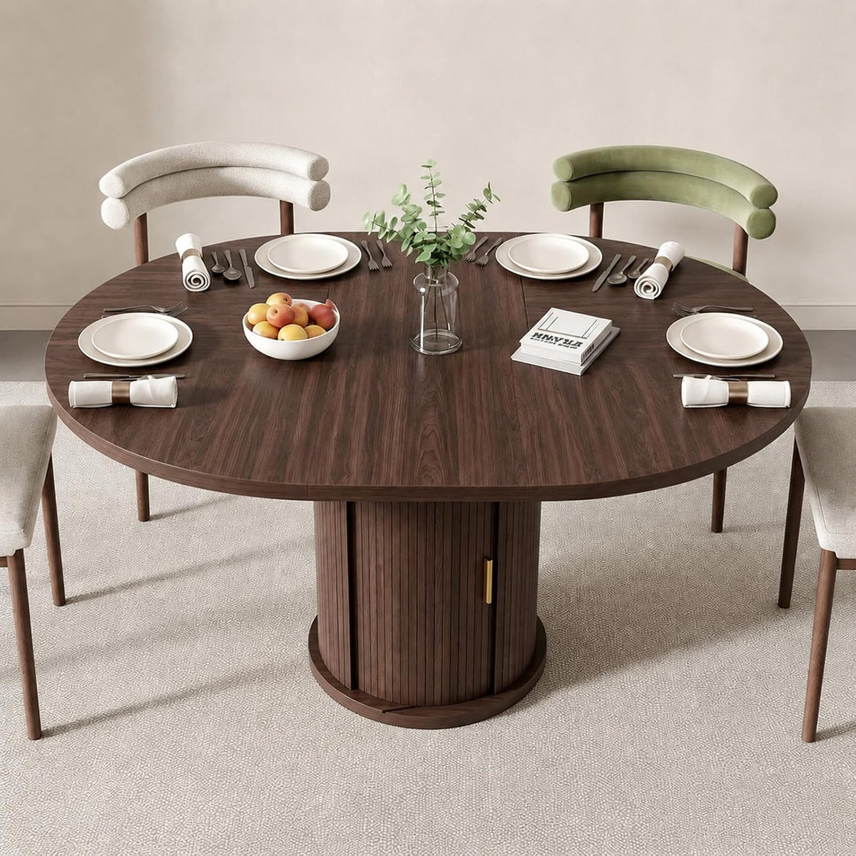 47 63" Extendable Round Wooden Dining Kitchen Table | 4-8 Seat Height Adjustable Shelf,23.6" Dust-Proof Storage Sturdy Pedestal Base,1.2" MDF Tabletop, Apartment,Natural