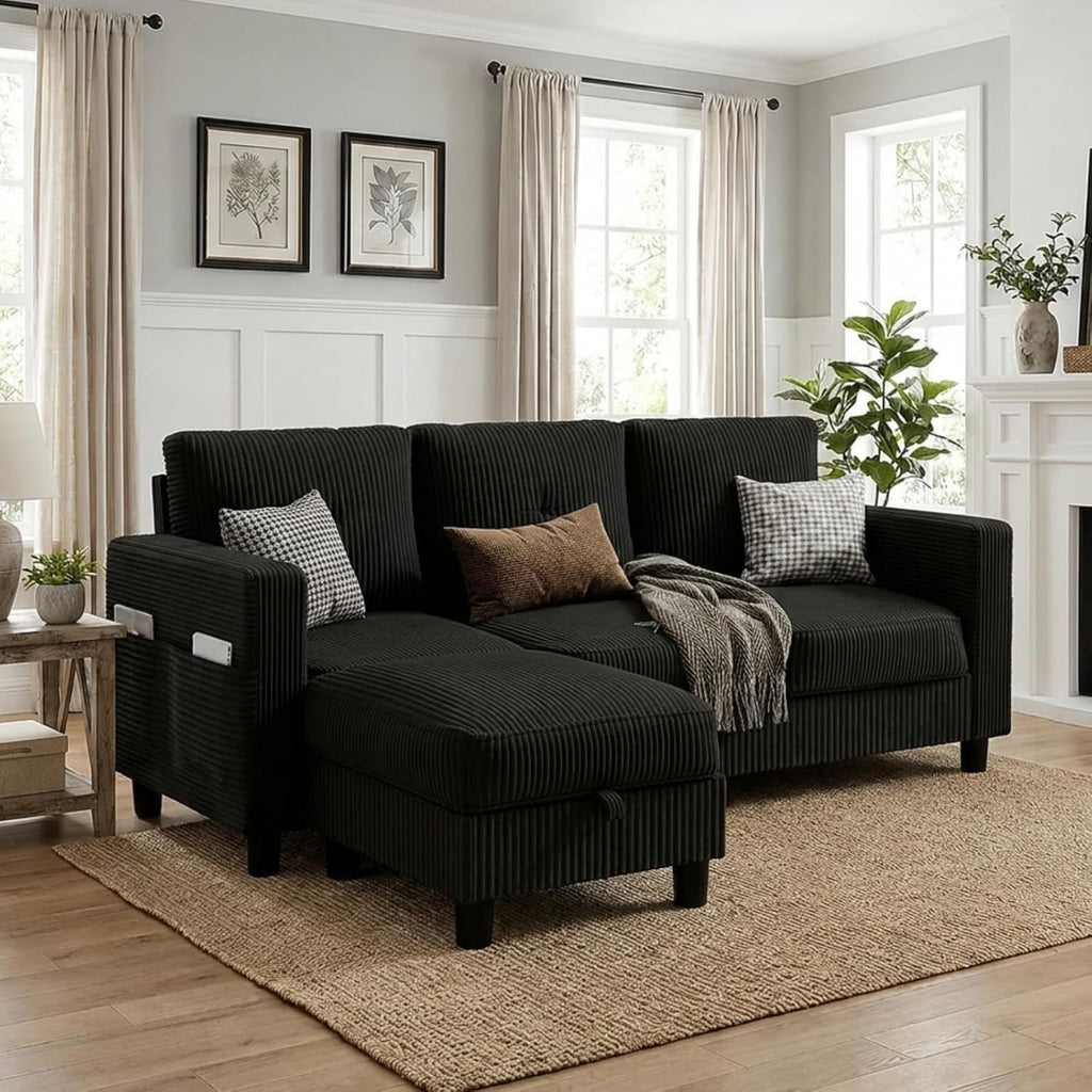 JAMFLY 77" L-Shaped Corduroy Sectional Sofa with Storage Ottoman, Black | 660 Lbs Capacity, Easy Assembly, Removable Washable Covers, Side Pockets, Pet-Friendly Couch for Small Spaces