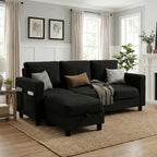 JAMFLY 77" L-Shaped Corduroy Sectional Sofa with Storage Ottoman, Black | 660 Lbs Capacity, Easy Assembly, Removable Washable Covers, Side Pockets, Pet-Friendly Couch for Small Spaces