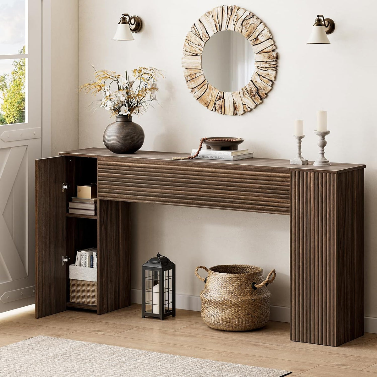 FABATO 61” Fluted Long Console Table with 2 Hidden Storage Cabinets, Walnut | Wooden Rectangular Sofa Table, Behind the Couch, Narrow Entryway Table for Entrance, Hallway, Living Room, Foyer