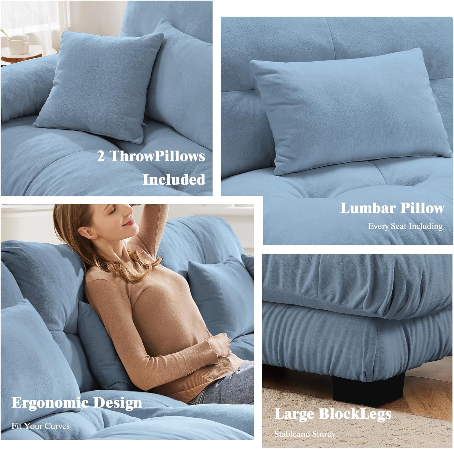 Oversized Modular Velvet Sectional Cloud Sofa Couch with Movable Ottoman,Corner Sofa with Comfortable Armrests, Deep Seat, Convertible L or U Shaped Couch (Sky-Light Blue, 3 Seat + 1 Ottoman)