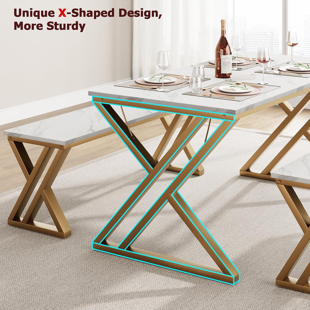 GarveeHome Kitchen Table with 2 Benches, Dining Table Set for 4 | Unique X-Shaped Design,Faux Marble Tabletop,Saving Space,For Kitchen, Dining Room,Apartment,Sturdy Metal Frame