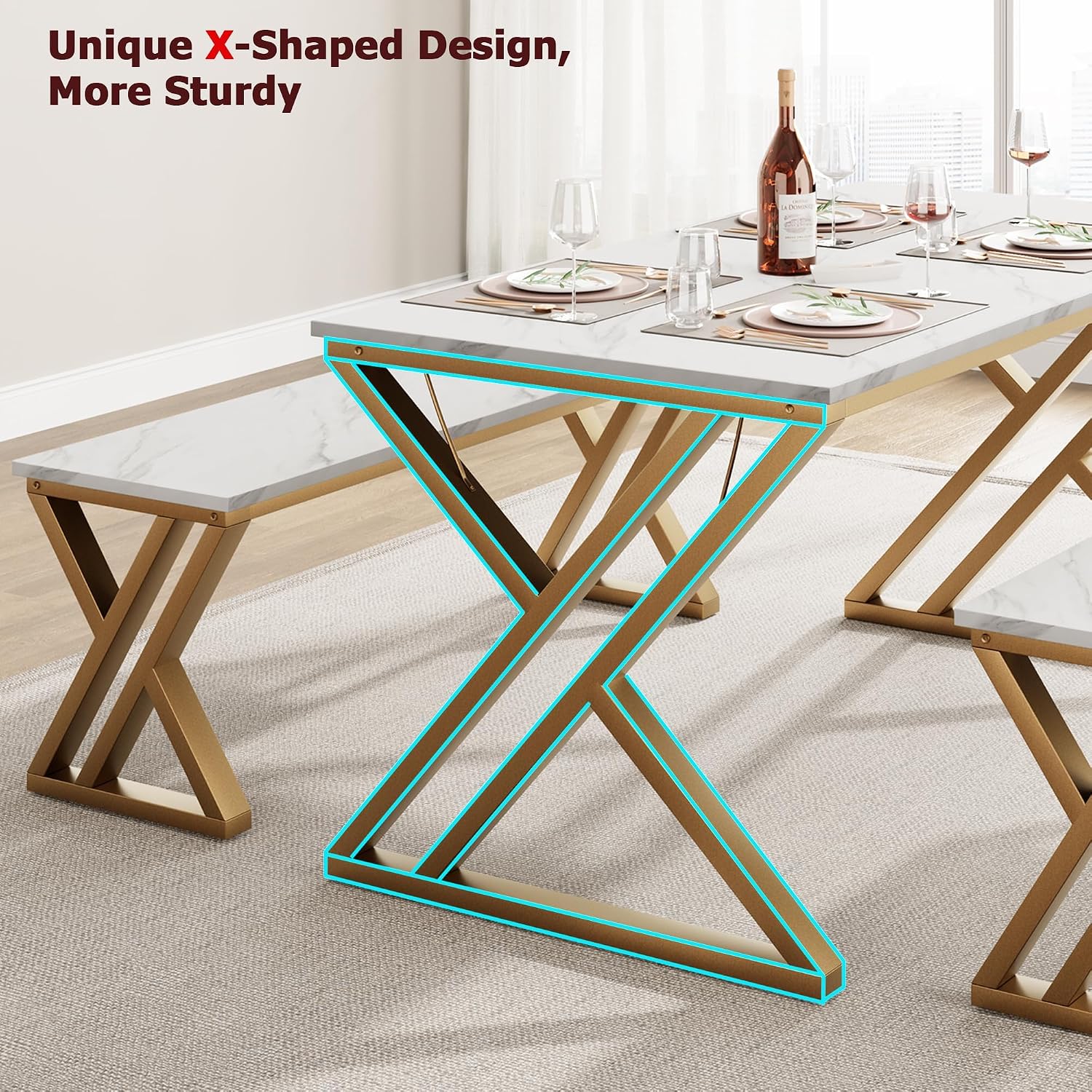 GarveeHome Kitchen Table with 2 Benches, Dining Table Set for 4 | Unique X-Shaped Design,Faux Marble Tabletop,Saving Space,For Kitchen, Dining Room,Apartment,Sturdy Metal Frame