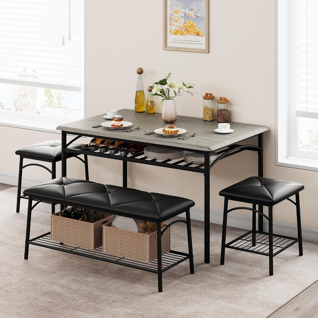 GAOMON Dining Table with Benches, Kitchen Table Set for 4, Dining Room Table Set with Upholstered Bench and Square Stools, Metal and Wood Dining Table Set for 4 with Storage for Small Space-Grey