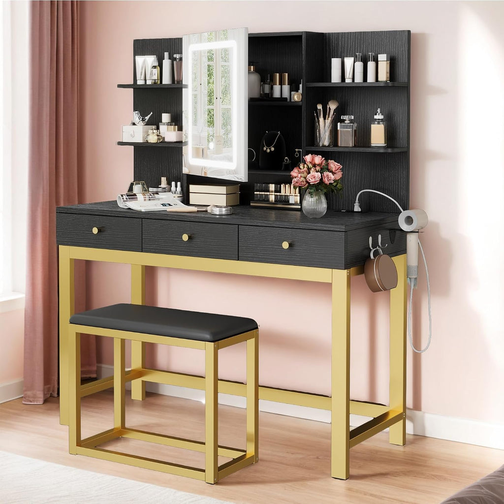 YITAHOME Vanity Desk with Mirror and Lights | Makeup Vanity Table Set with 3 Storage Drawers, Power Outlet, Chair and 6 Open Shelves, Black