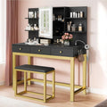 YITAHOME Vanity Desk with Mirror and Lights | Makeup Vanity Table Set with 3 Storage Drawers, Power Outlet, Chair and 6 Open Shelves, Black