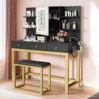 YITAHOME Vanity Desk with Mirror and Lights | Makeup Vanity Table Set with 3 Storage Drawers, Power Outlet, Chair and 6 Open Shelves, Black