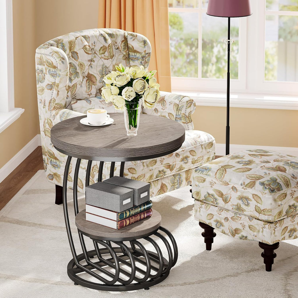 Tribesigns Round End Table: 2 Tiers Wood Side Table Set of 2 with Storage Shelf, Rustic Gray Bedside Nightstand, Accent Table for Living Room, Bedroom