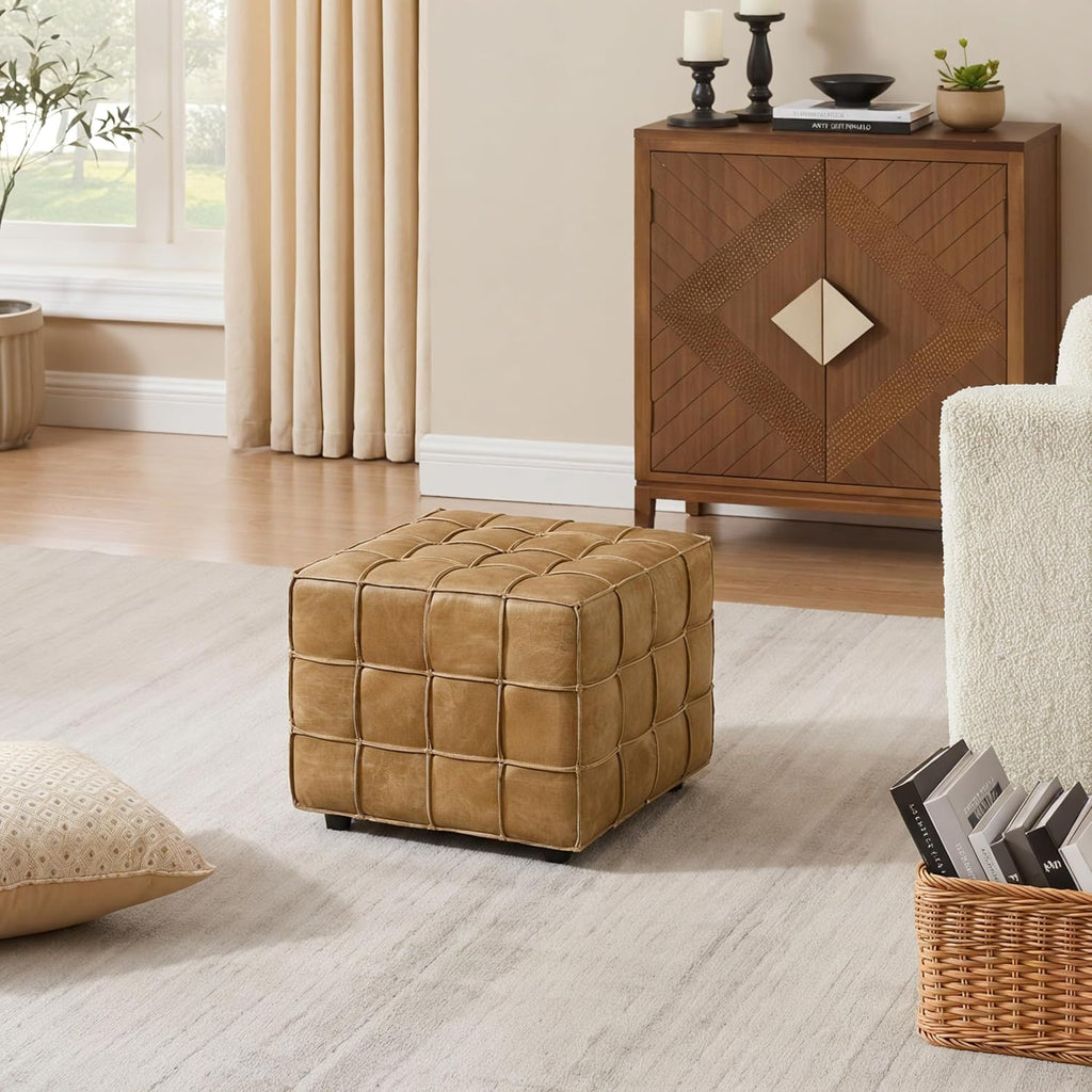 Art Leon Tufted Square Ottoman Leather Footstool Foot Rest Light Brown | Biscuit Tuftinghigh-Density Foamsolid Wood Frame Non-Slip Feet Footrest Extra Seat Seat Living Room Furniture