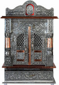 Oxidized Metal Pooja Mandir with Doors and Drawer, Silver, Ganesha Embossed, Traditional Hindu Temple