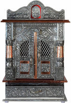 Oxidized Metal Pooja Mandir with Doors and Drawer, Silver, Ganesha Embossed, Traditional Hindu Temple